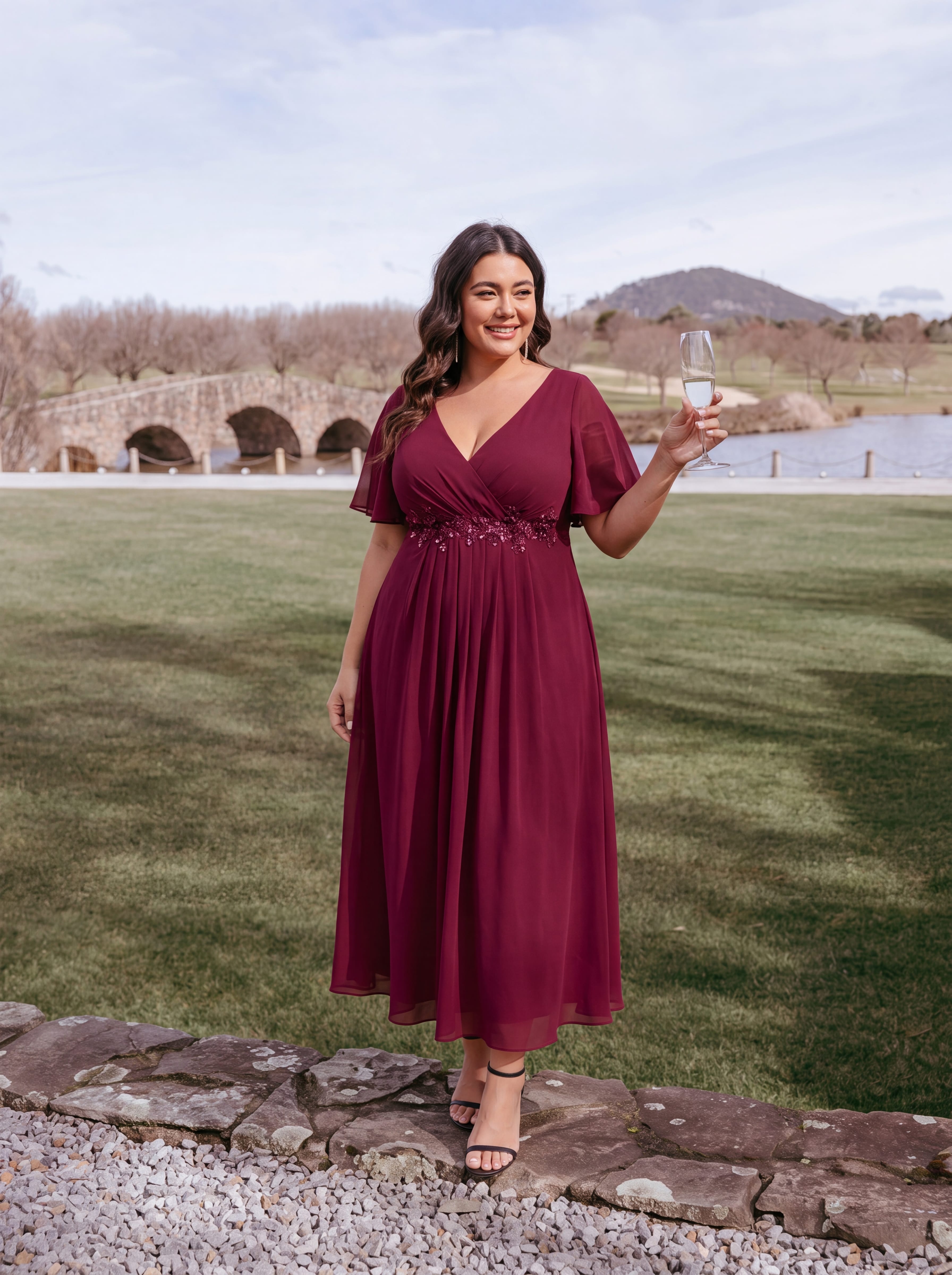 V-Neck Chiffon Evening Dress with Waist Applique #color_Burgundy