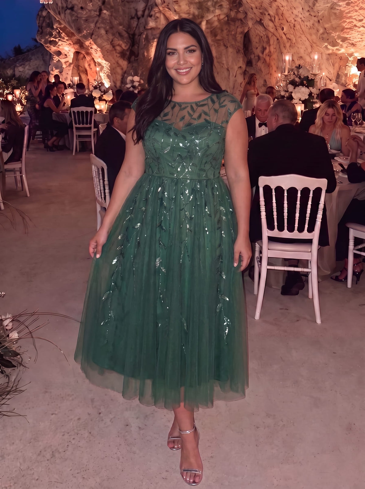 See-through Sequin Cap Sleeve Dress #color_Eucalyptus Green