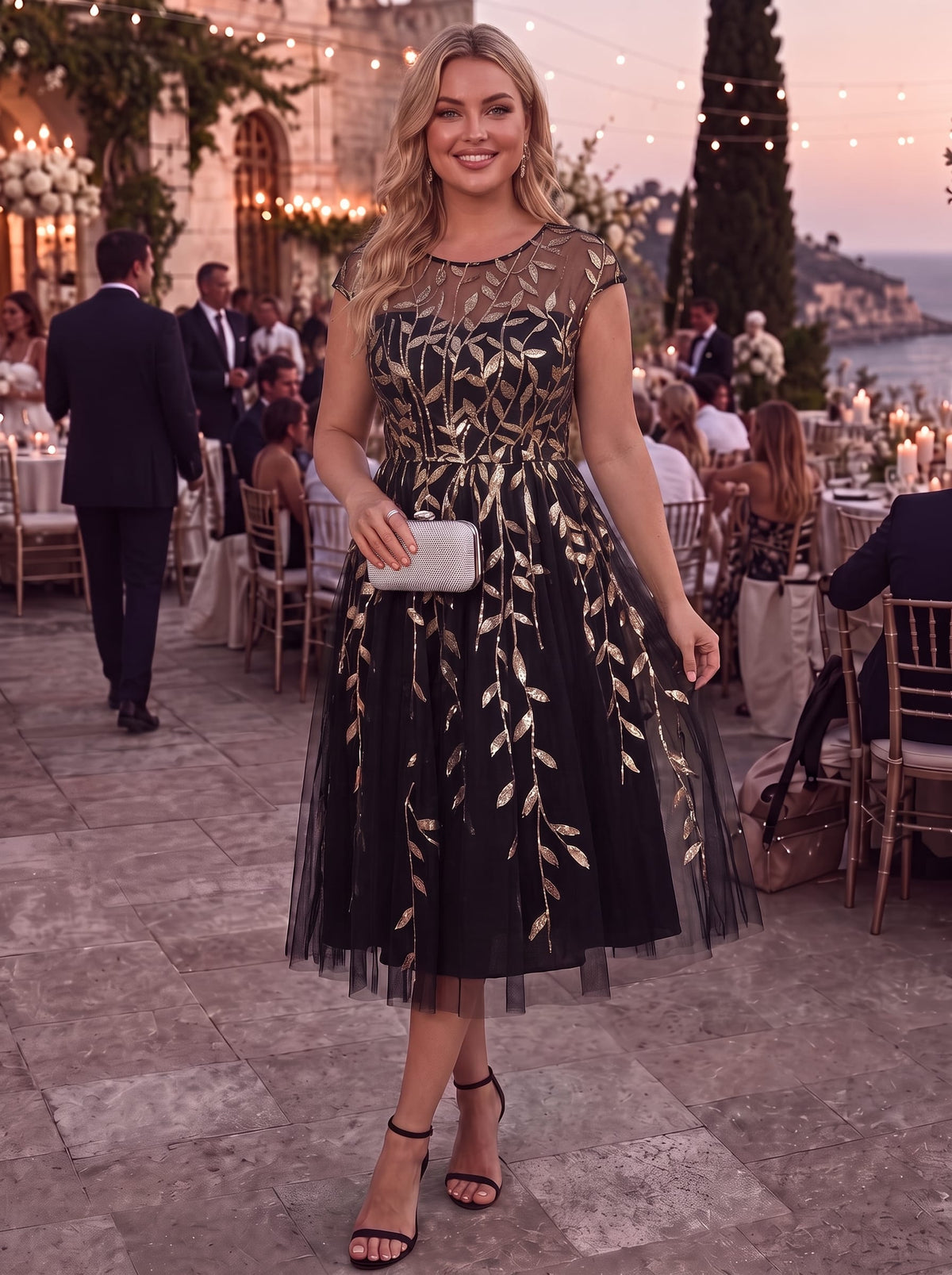 See-through Sequin Cap Sleeve Dress #color_Black & Gold