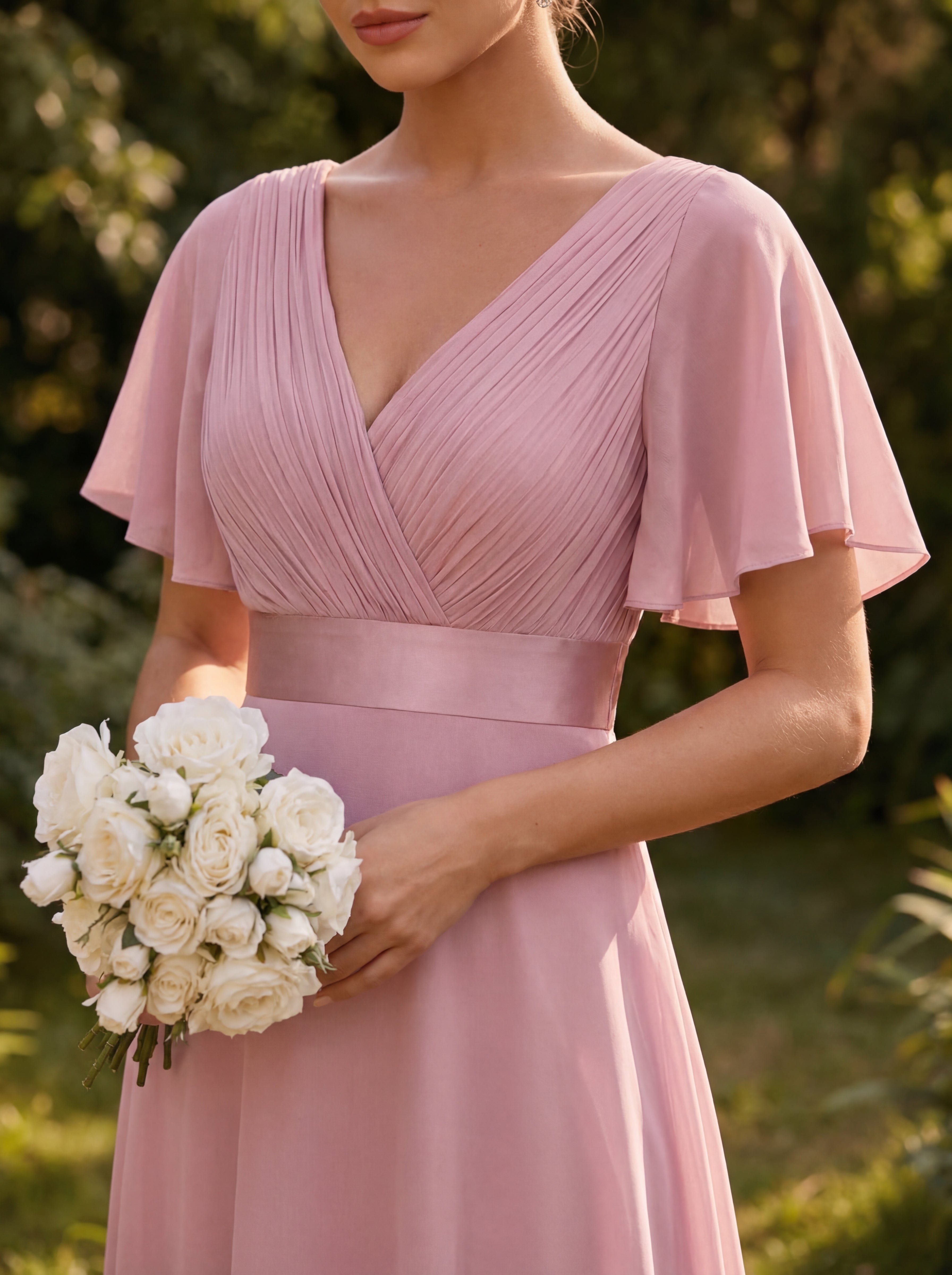 Empire Waist Floor Length Bridesmaid Dress with Short Flutter Sleeves #color_Dusty Rose