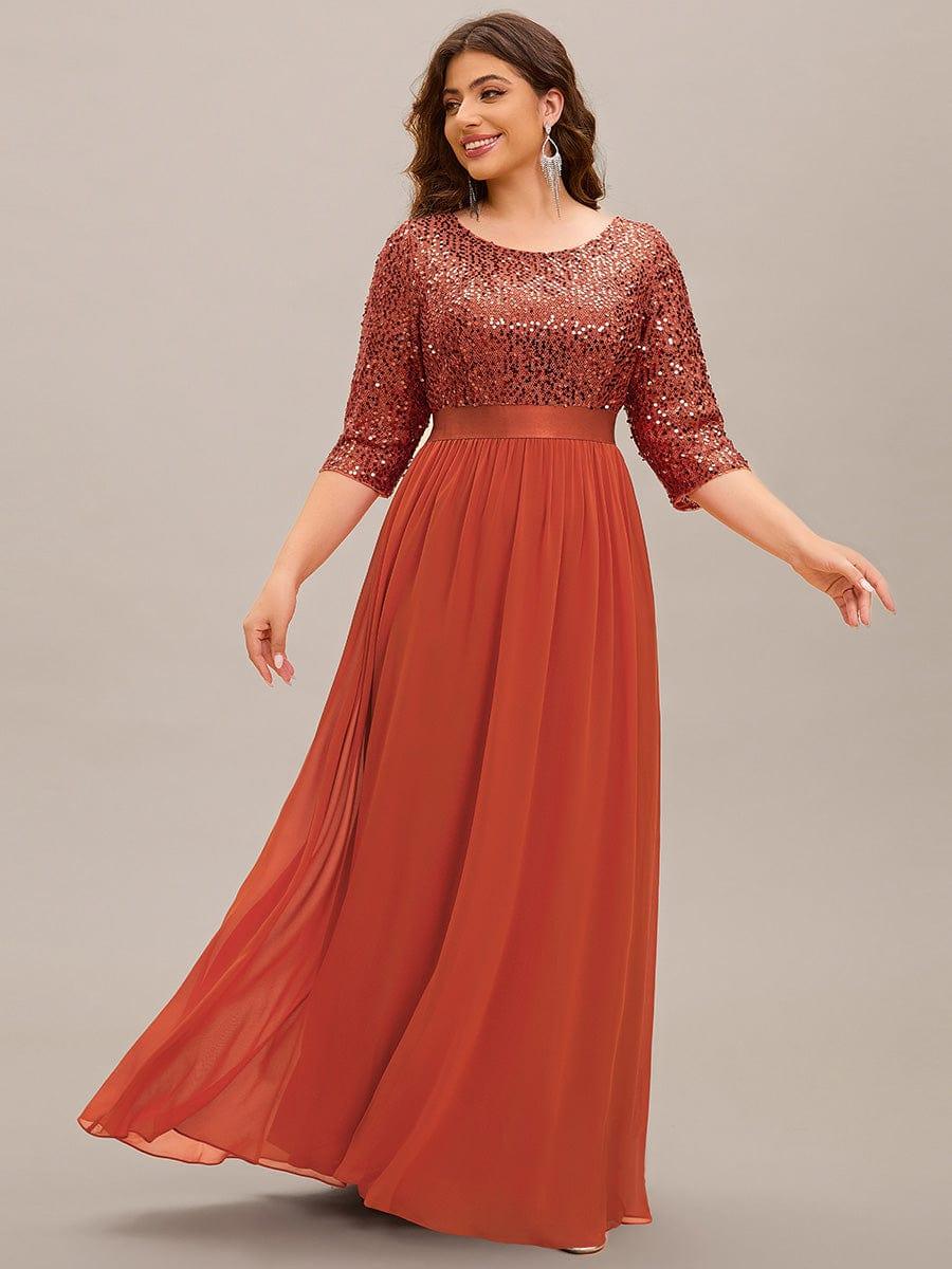Elegant Round Neckline 3/4 Sleeve Sequins Patchwork Evening Dress #color_Burnt Orange