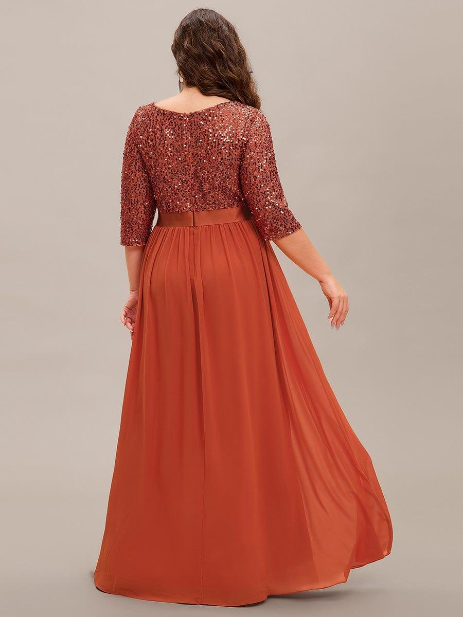 Elegant Round Neckline 3/4 Sleeve Sequins Patchwork Evening Dress #color_Burnt Orange