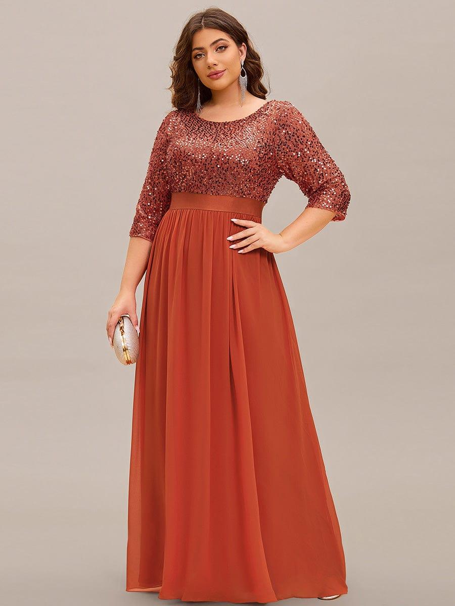 Elegant Round Neckline 3/4 Sleeve Sequins Patchwork Evening Dress #color_Burnt Orange