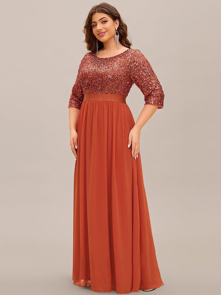 Elegant Round Neckline 3/4 Sleeve Sequins Patchwork Evening Dress #color_Burnt Orange