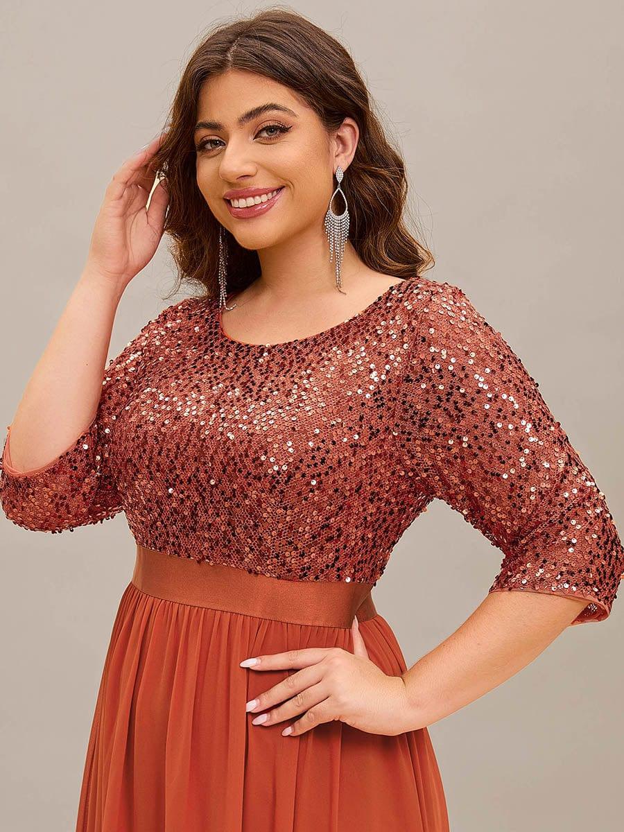 Elegant Round Neckline 3/4 Sleeve Sequins Patchwork Evening Dress #color_Burnt Orange