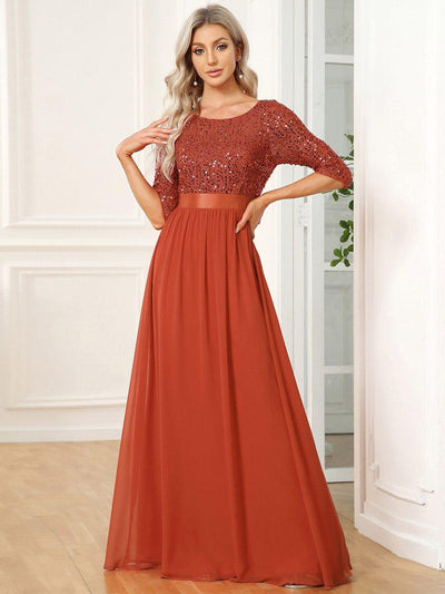Elegant Round Neckline 3/4 Sleeve Sequins Patchwork Evening Dress #color_Burnt Orange