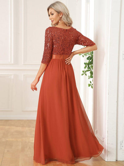 Elegant Round Neckline 3/4 Sleeve Sequins Patchwork Evening Dress #color_Burnt Orange