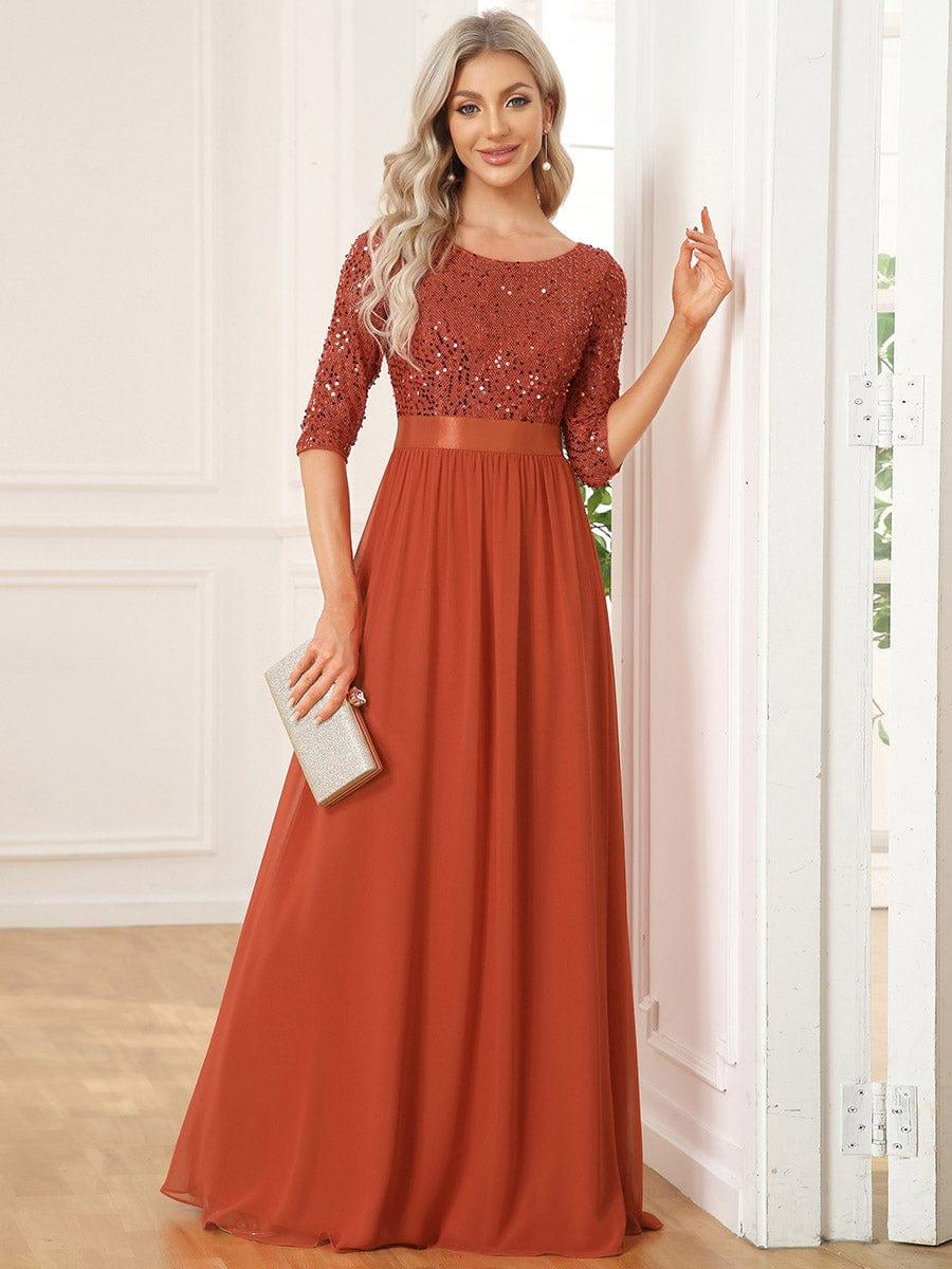 Elegant Round Neckline 3/4 Sleeve Sequins Patchwork Evening Dress #color_Burnt Orange