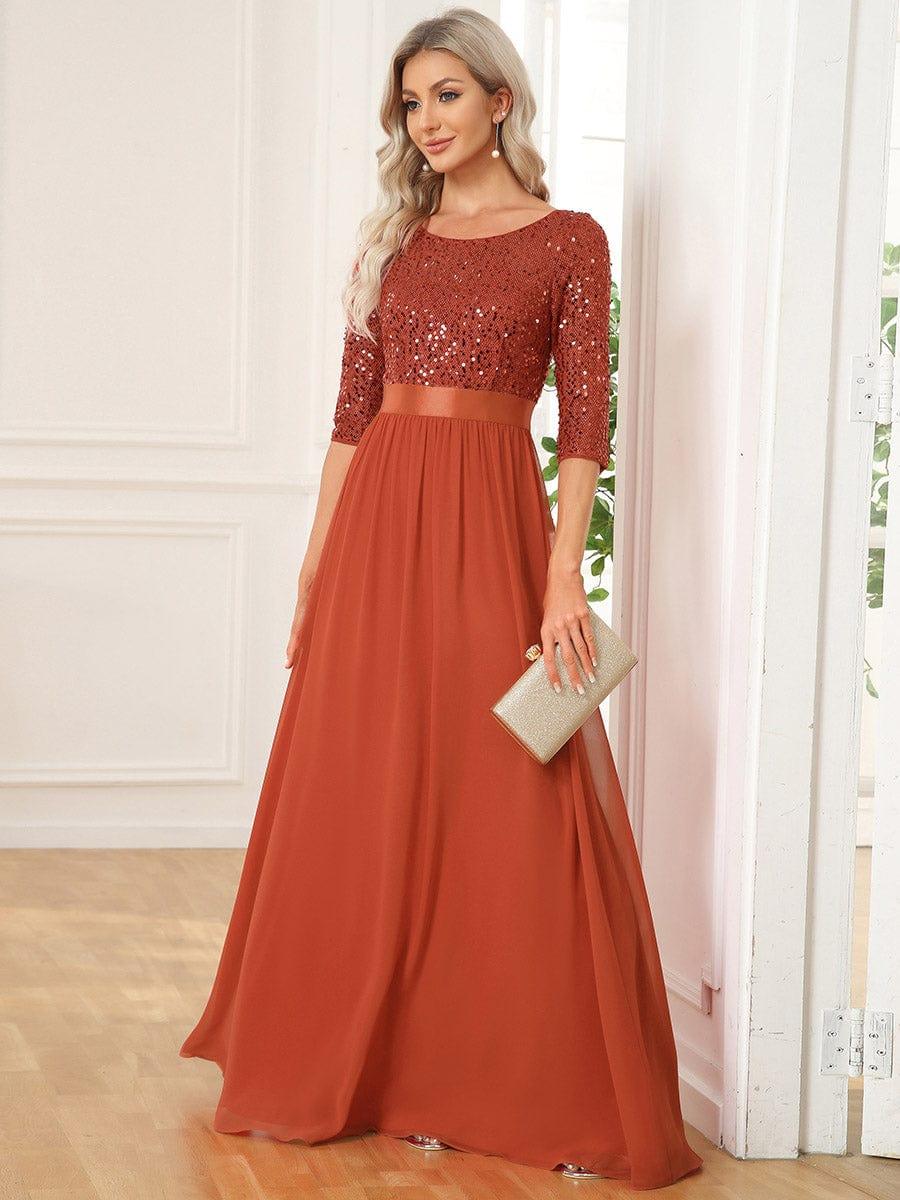 Elegant Round Neckline 3/4 Sleeve Sequins Patchwork Evening Dress #color_Burnt Orange
