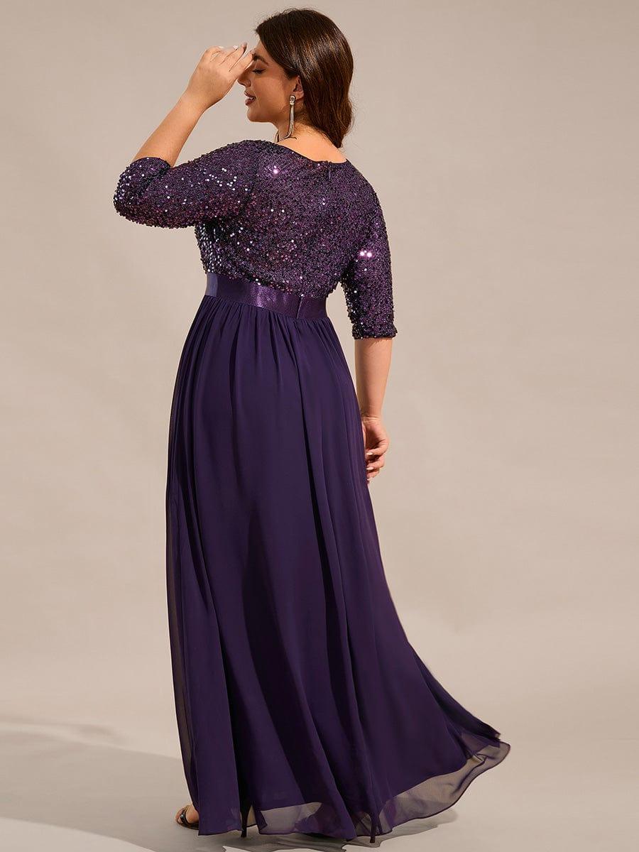 Elegant Round Neckline 3/4 Sleeve Sequins Patchwork Evening Dress #color_Dark Purple