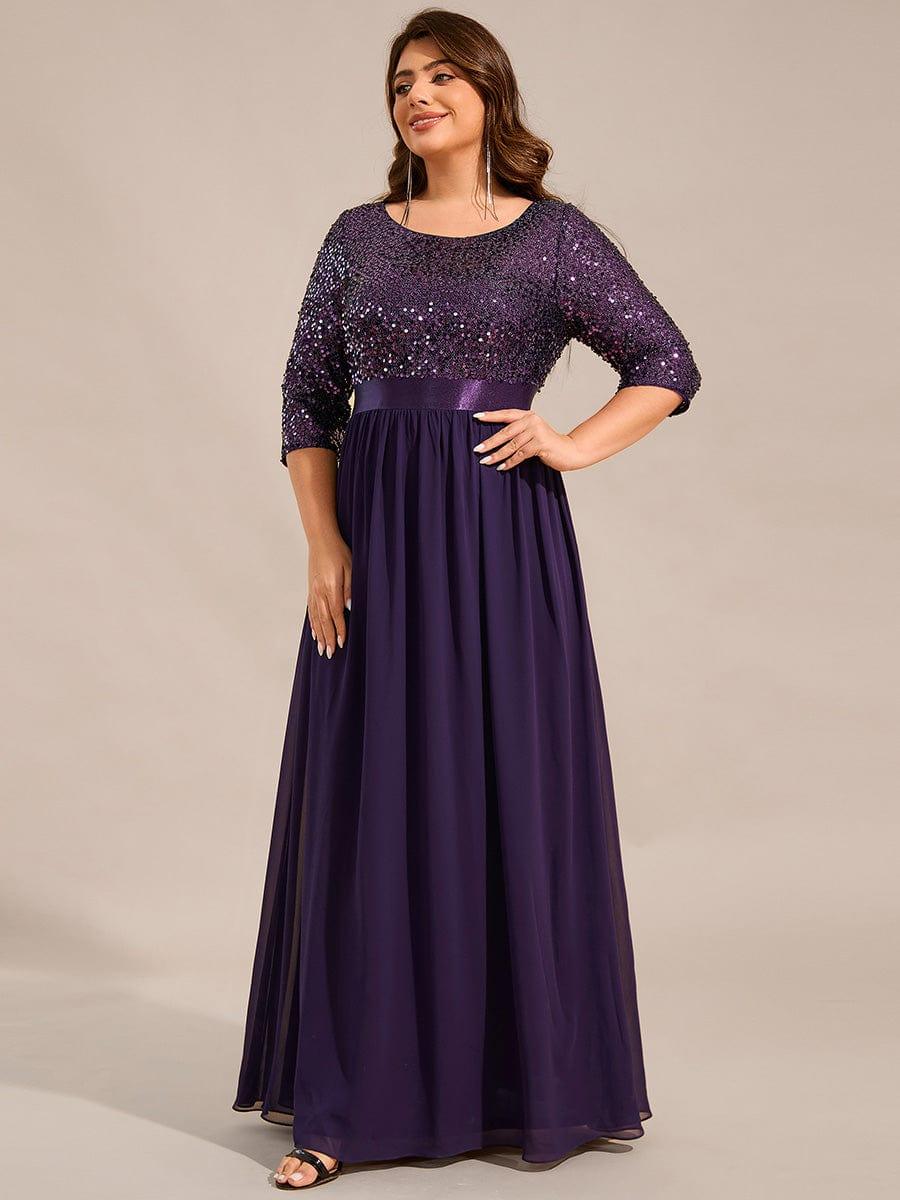 Elegant Round Neckline 3/4 Sleeve Sequins Patchwork Evening Dress #color_Dark Purple