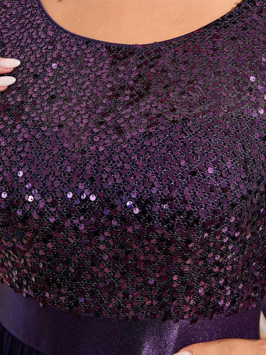 Elegant Round Neckline 3/4 Sleeve Sequins Patchwork Evening Dress #color_Dark Purple