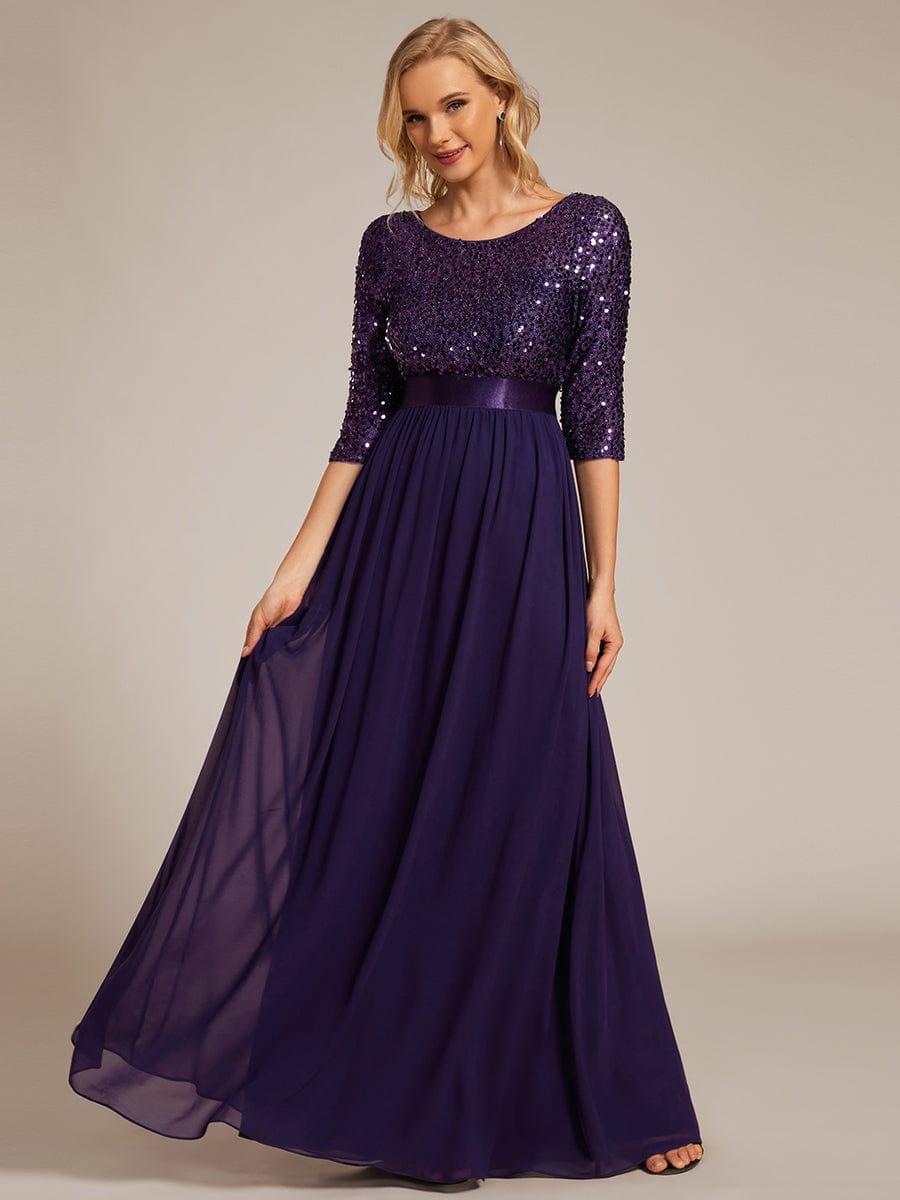 Elegant Round Neckline 3/4 Sleeve Sequins Patchwork Evening Dress #color_Dark Purple