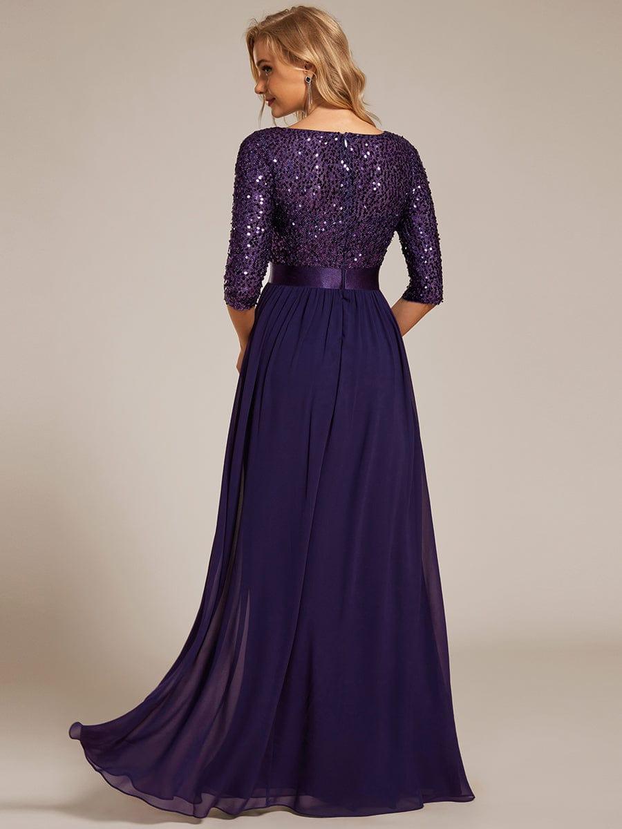 Elegant Round Neckline 3/4 Sleeve Sequins Patchwork Evening Dress #color_Dark Purple