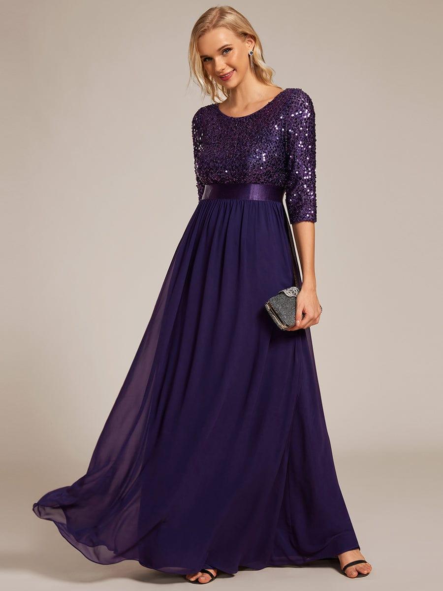 Elegant Round Neckline 3/4 Sleeve Sequins Patchwork Evening Dress #color_Dark Purple