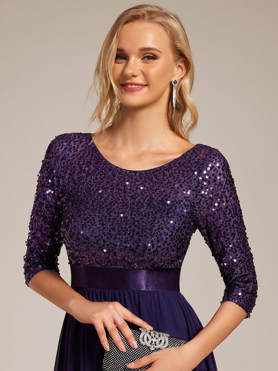 Elegant Round Neckline 3/4 Sleeve Sequins Patchwork Evening Dress #color_Dark Purple