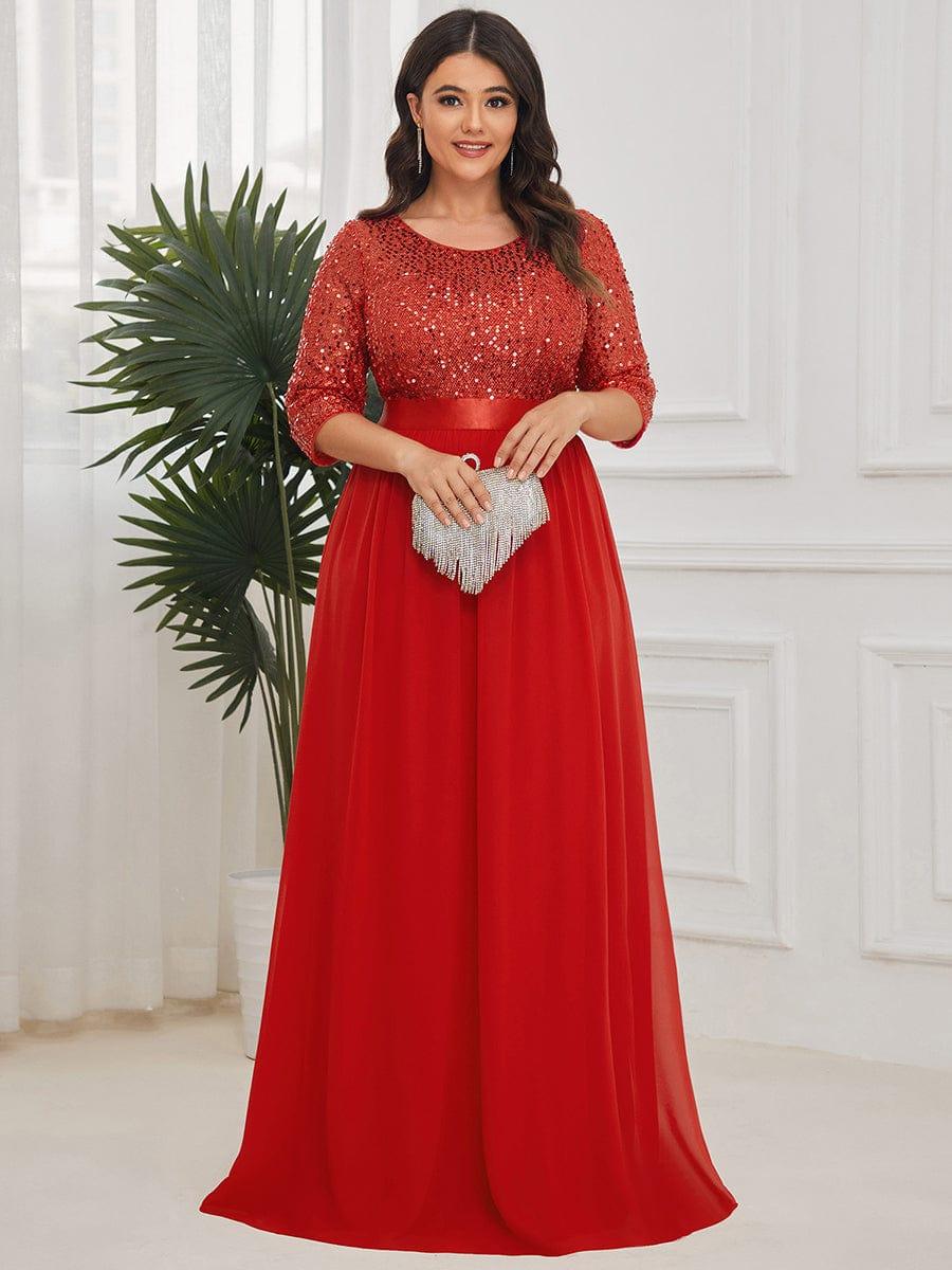 Elegant Round Neckline 3/4 Sleeve Sequins Patchwork Evening Dress #color_Red