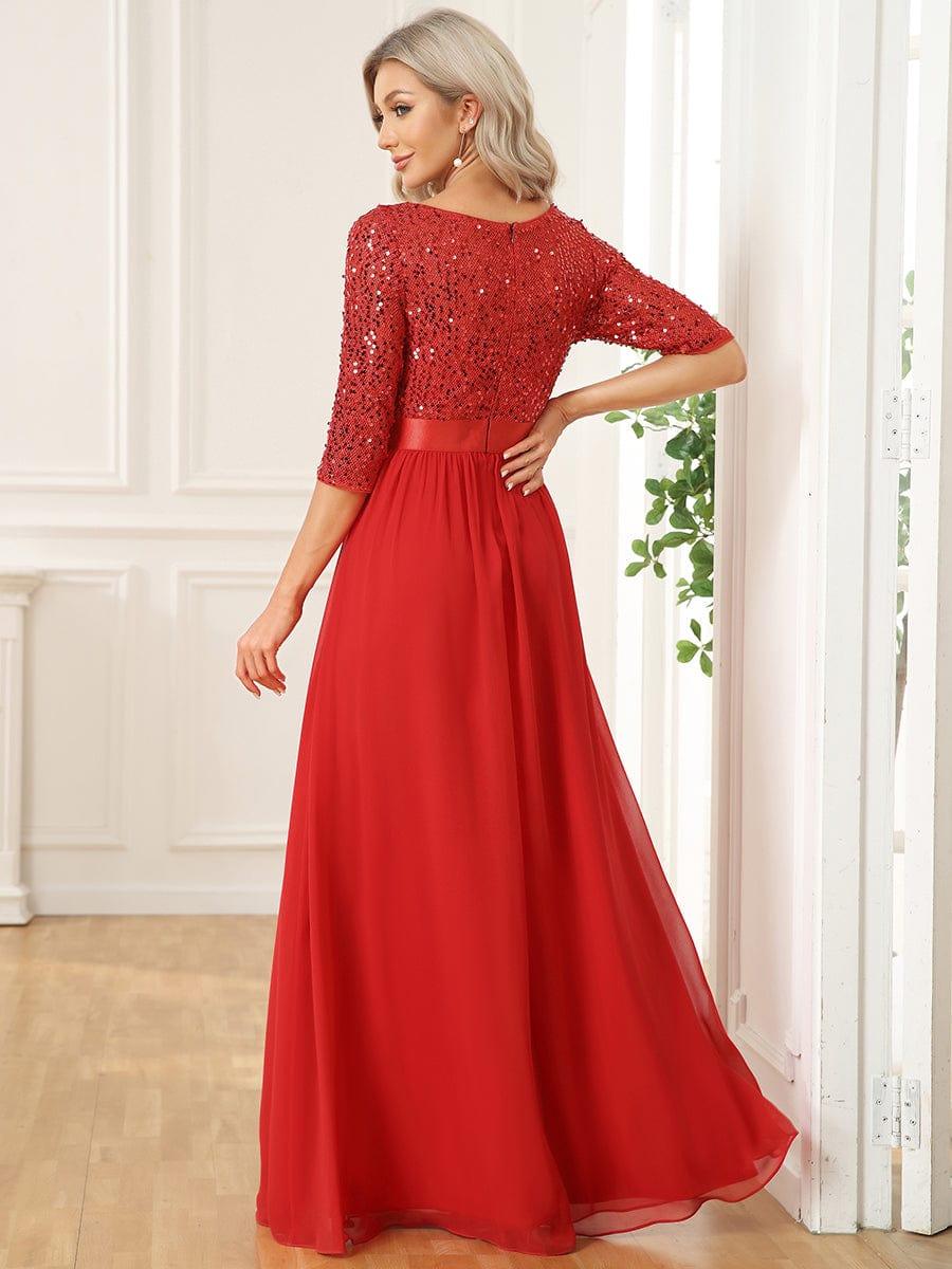 Elegant Round Neckline 3/4 Sleeve Sequins Patchwork Evening Dress #color_Red