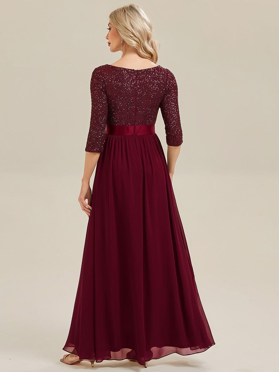See-through Sequin A-Line Evening Dress #color_Burgundy