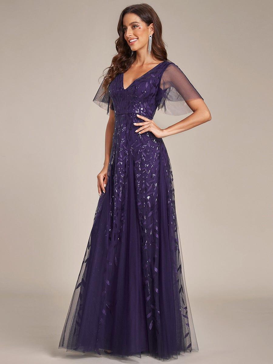 Romantic Shimmery V Neck Ruffle Sleeves Maxi Long Evening Gowns #color_Dark Purple