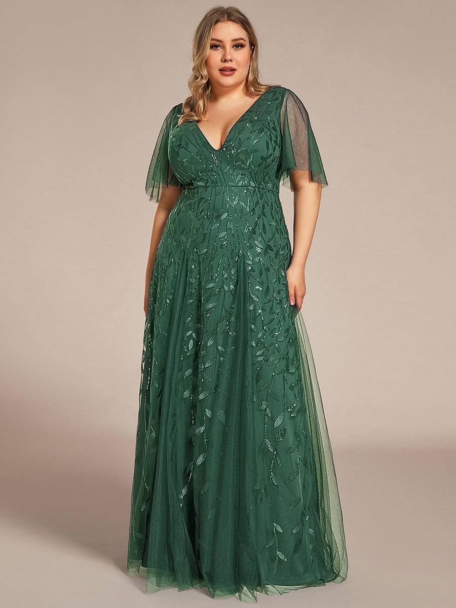 Romantic Shimmery V Neck Ruffle Sleeves Maxi Long Evening Gowns #color_Eucalyptus Green