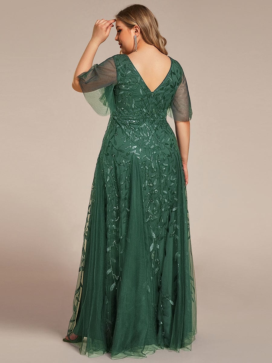 Romantic Shimmery V Neck Ruffle Sleeves Maxi Long Evening Gowns #color_Eucalyptus Green