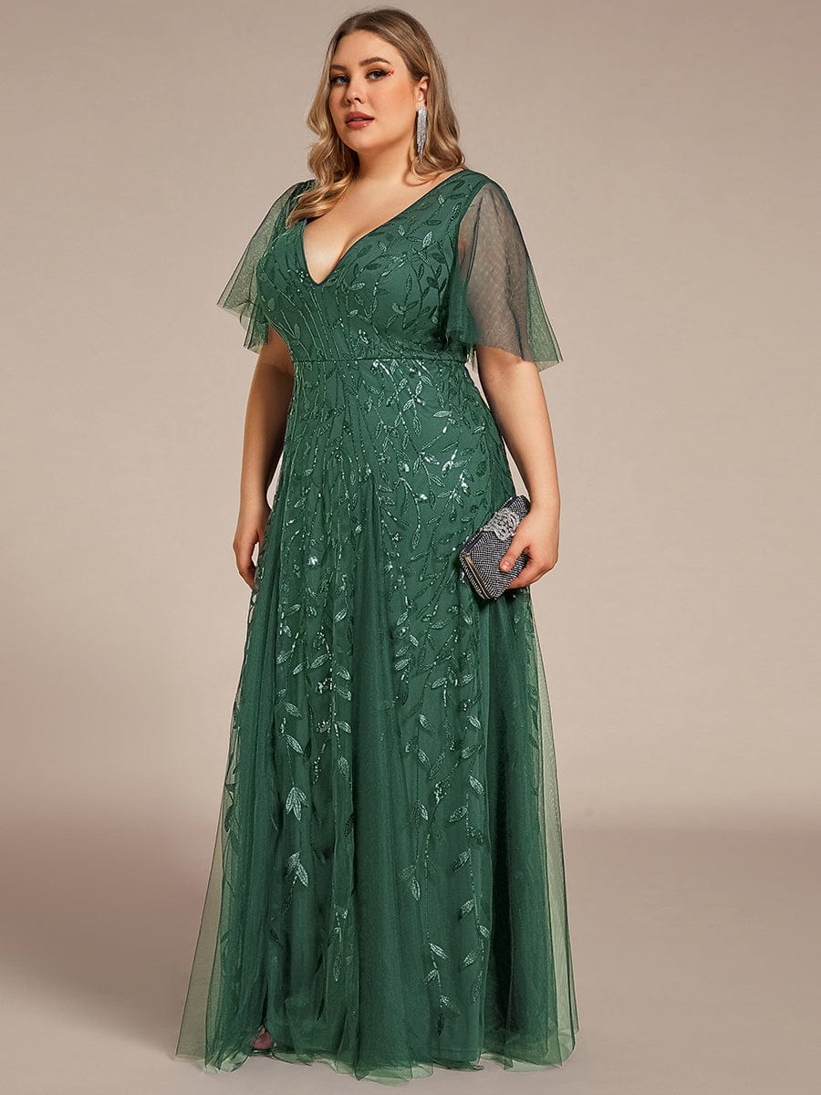 Romantic Shimmery V Neck Ruffle Sleeves Maxi Long Evening Gowns #color_Eucalyptus Green
