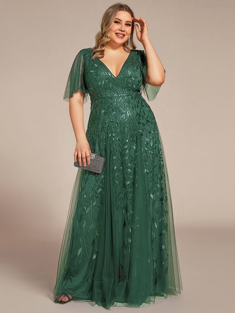 Romantic Shimmery V Neck Ruffle Sleeves Maxi Long Evening Gowns #color_Eucalyptus Green