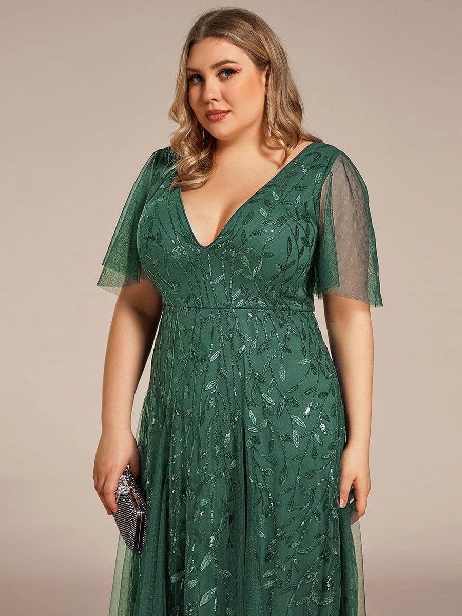 Romantic Shimmery V Neck Ruffle Sleeves Maxi Long Evening Gowns #color_Eucalyptus Green