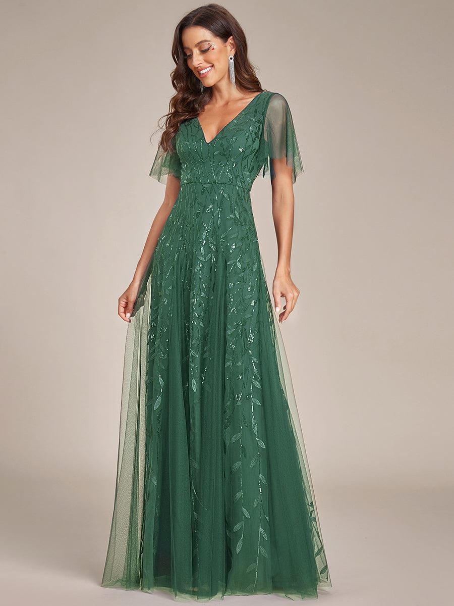 Romantic Shimmery V Neck Ruffle Sleeves Maxi Long Evening Gowns #color_Eucalyptus Green