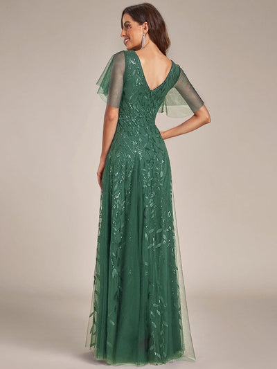 Romantic Shimmery V Neck Ruffle Sleeves Maxi Long Evening Gowns #color_Eucalyptus Green