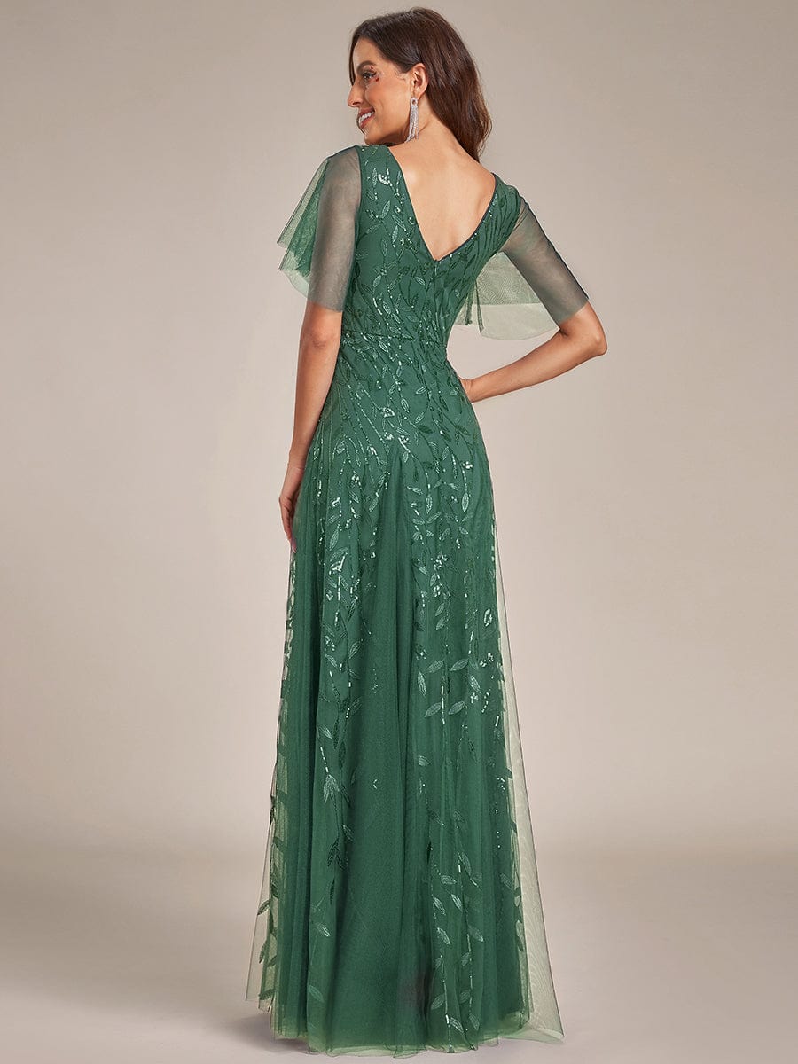 Romantic Shimmery V Neck Ruffle Sleeves Maxi Long Evening Gowns #color_Eucalyptus Green