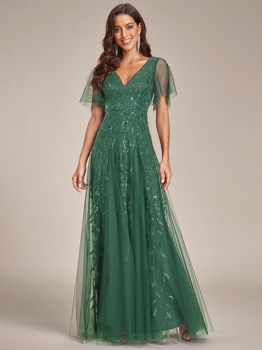 Romantic Shimmery V Neck Ruffle Sleeves Maxi Long Evening Gowns #color_Eucalyptus Green