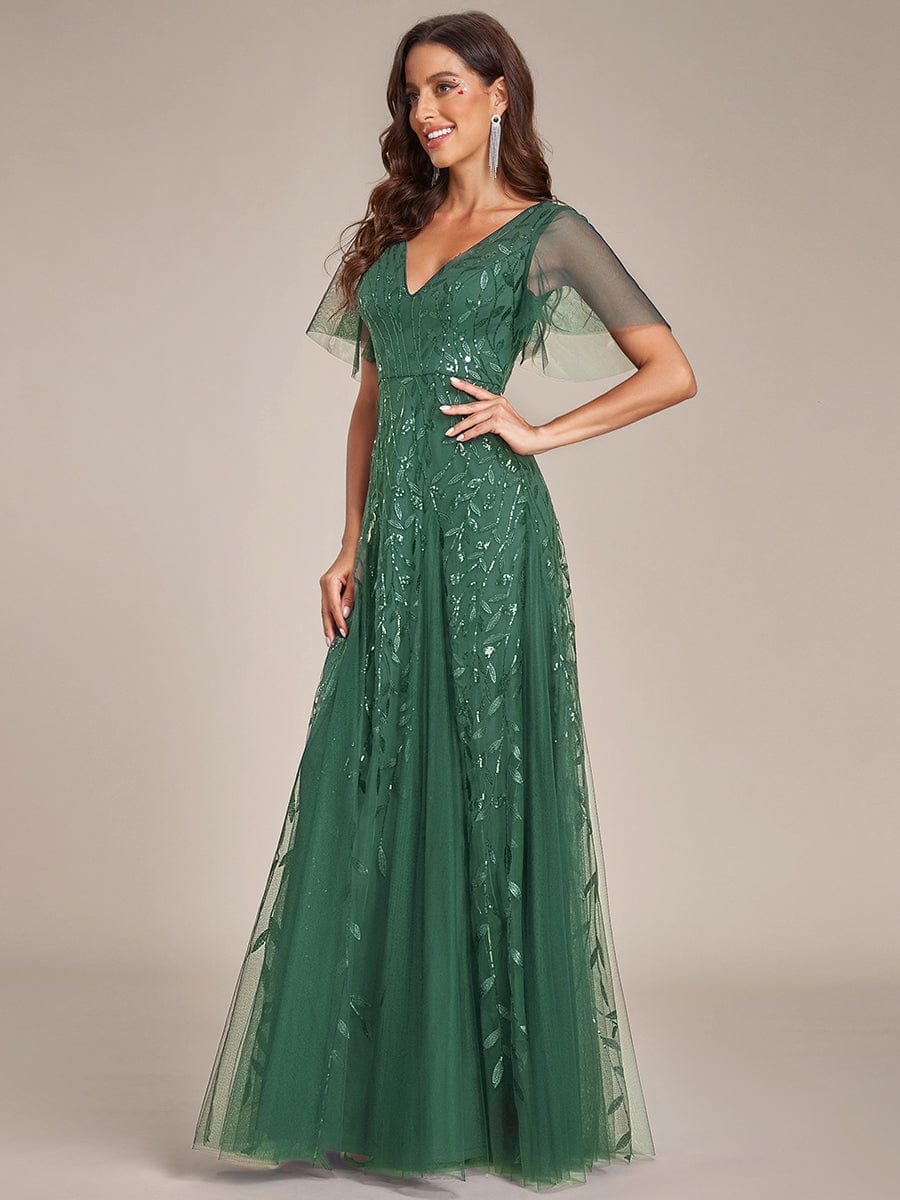 Romantic Shimmery V Neck Ruffle Sleeves Maxi Long Evening Gowns #color_Eucalyptus Green