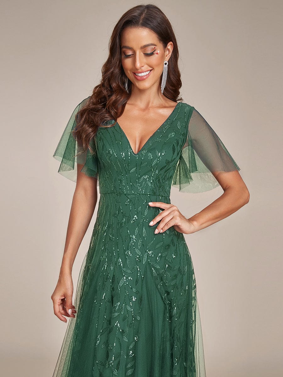 Romantic Shimmery V Neck Ruffle Sleeves Maxi Long Evening Gowns #color_Eucalyptus Green