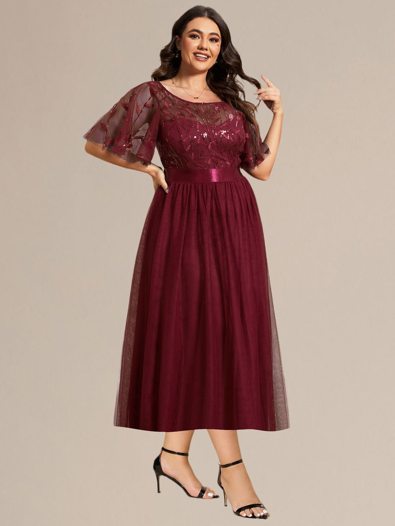 Sequin Leaf Midi Wedding Guest Dress #color_Burgundy