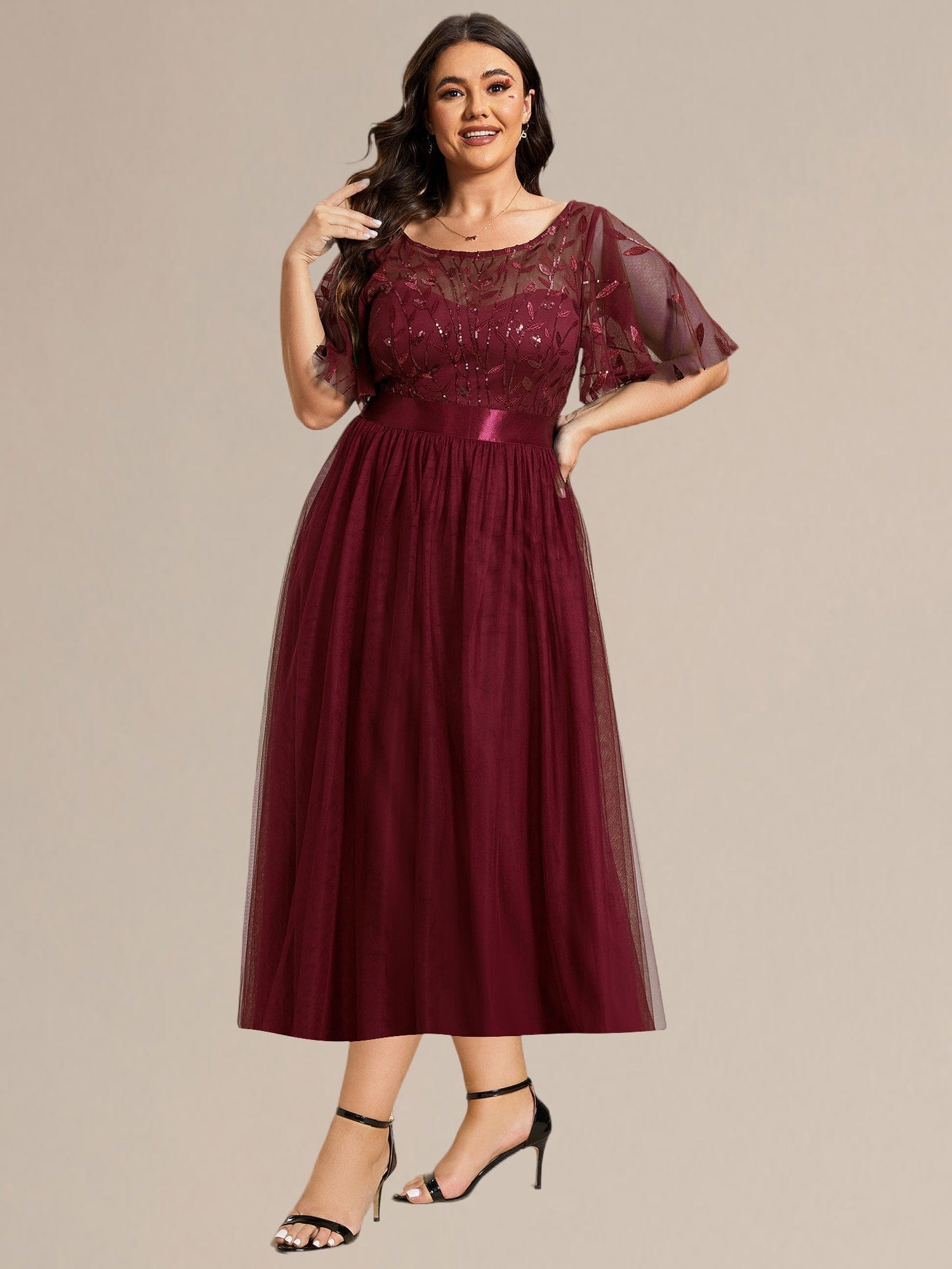 Sequin Leaf Midi Wedding Guest Dress #color_Burgundy