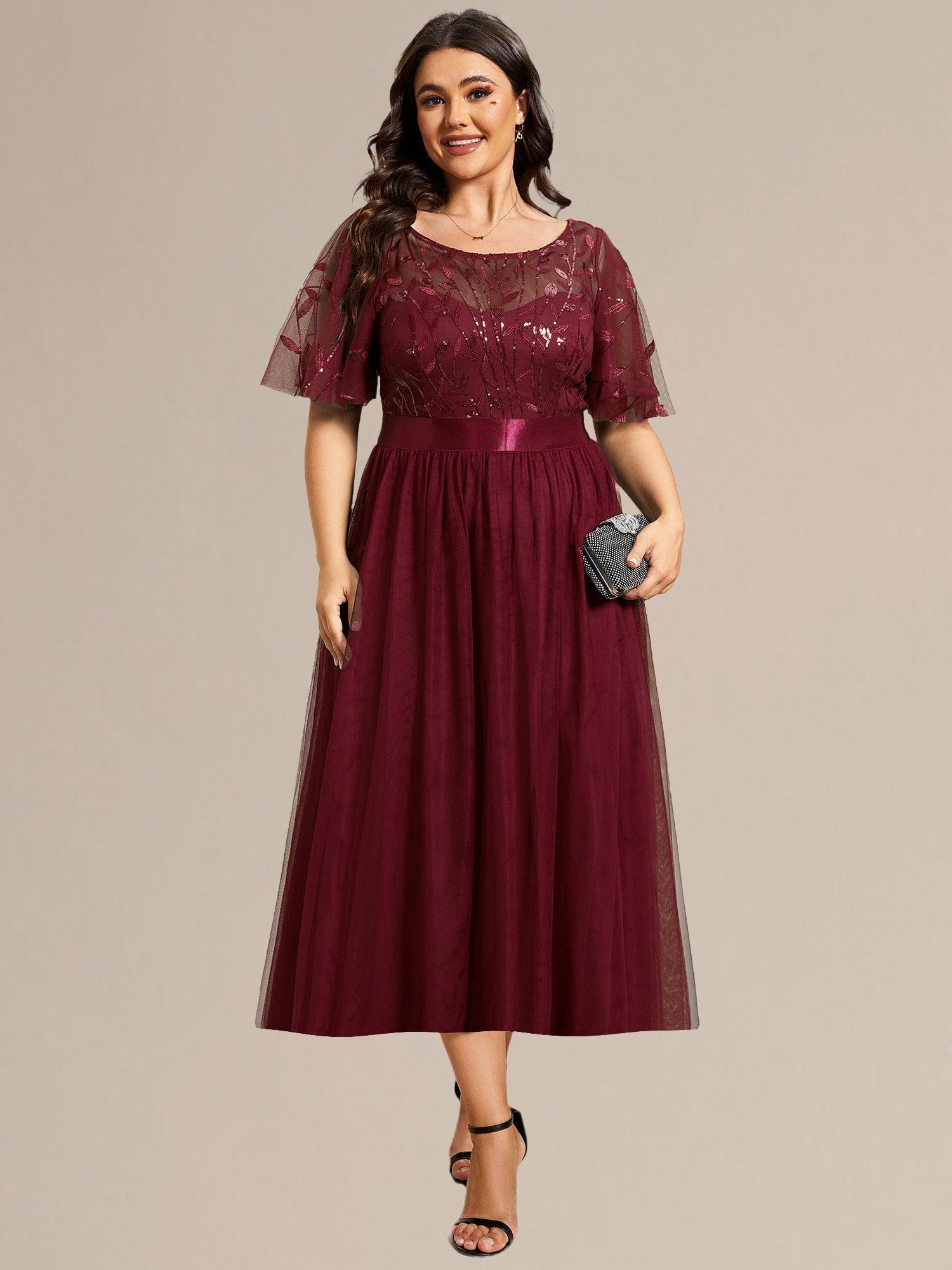 Sequin Leaf Midi Wedding Guest Dress #color_Burgundy