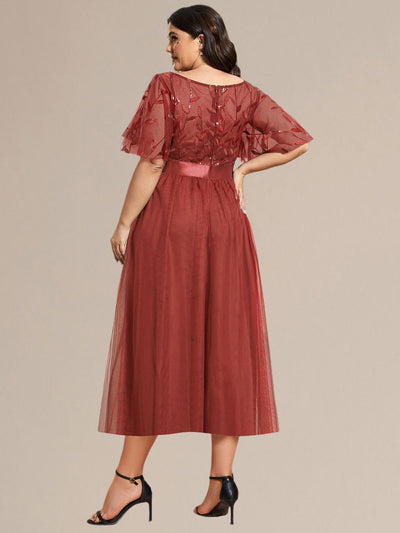 Sequin Leaf Midi Wedding Guest Dress #color_Burnt Orange