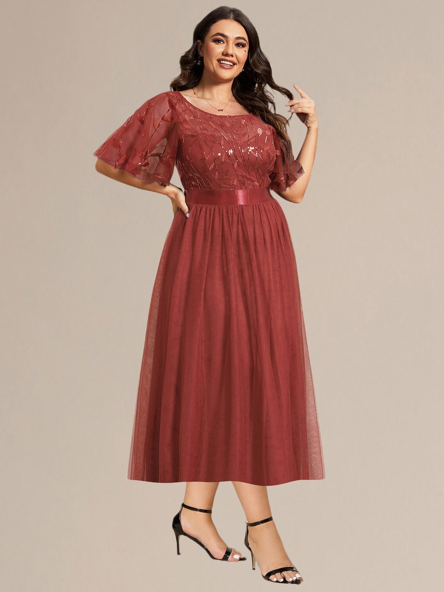 Sequin Leaf Midi Wedding Guest Dress #color_Burnt Orange