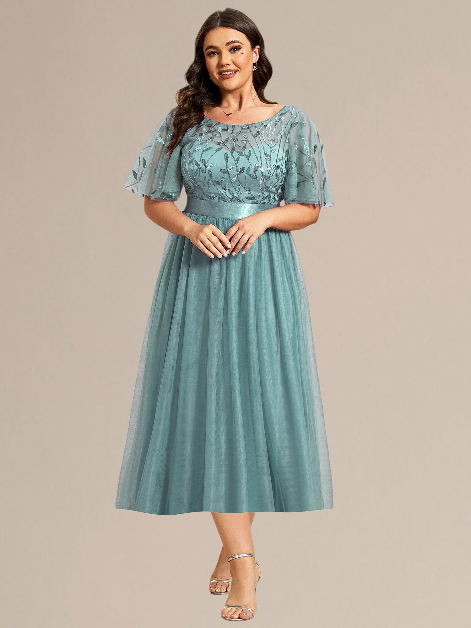 Sequin Leaf Midi Wedding Guest Dress #color_Light Teal