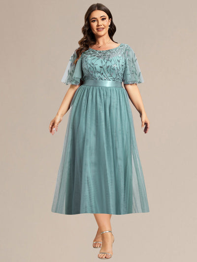 Sequin Leaf Midi Wedding Guest Dress #color_Light Teal