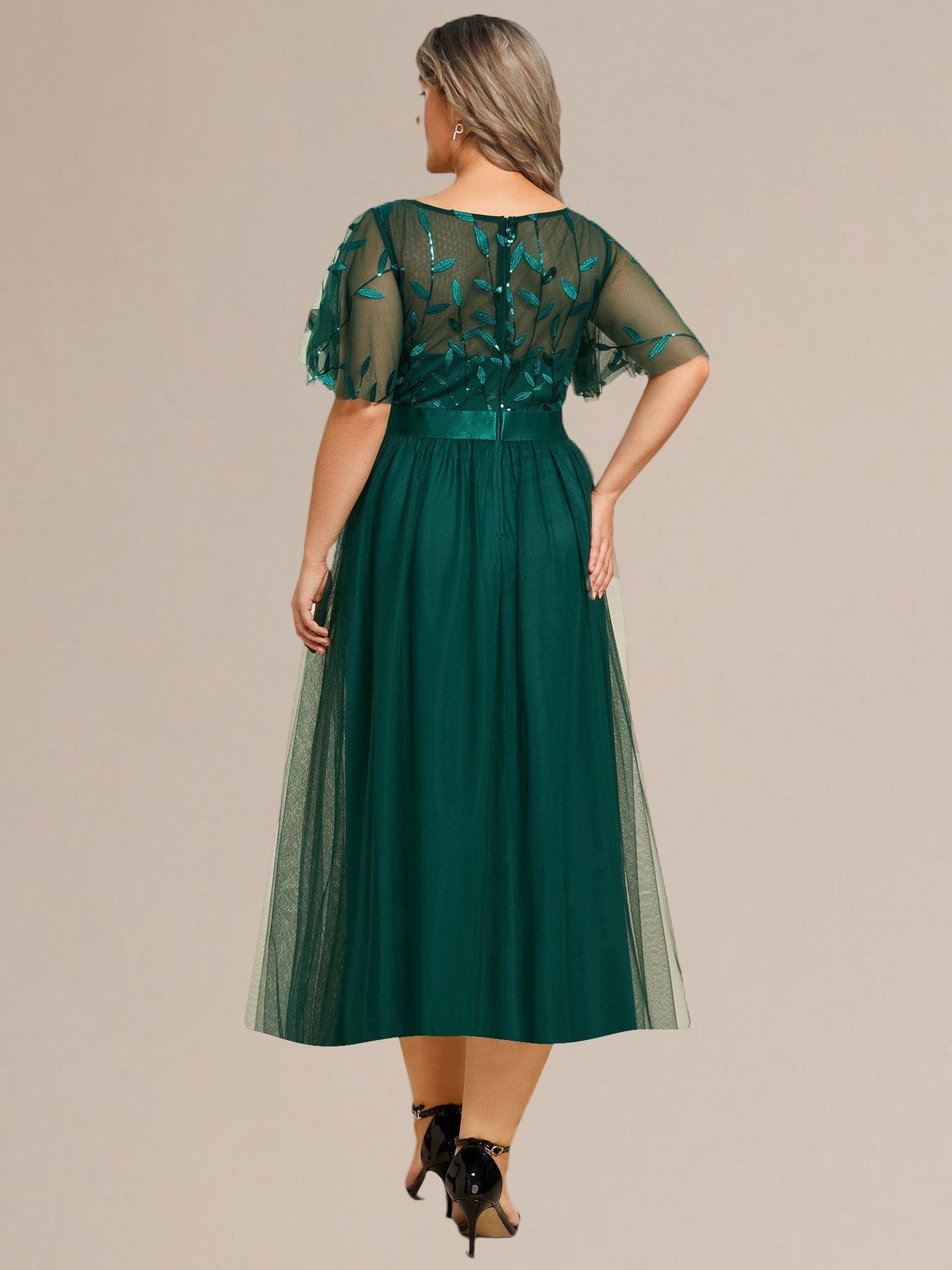 Sequin Leaf Midi Wedding Guest Dress #color_Dark Green