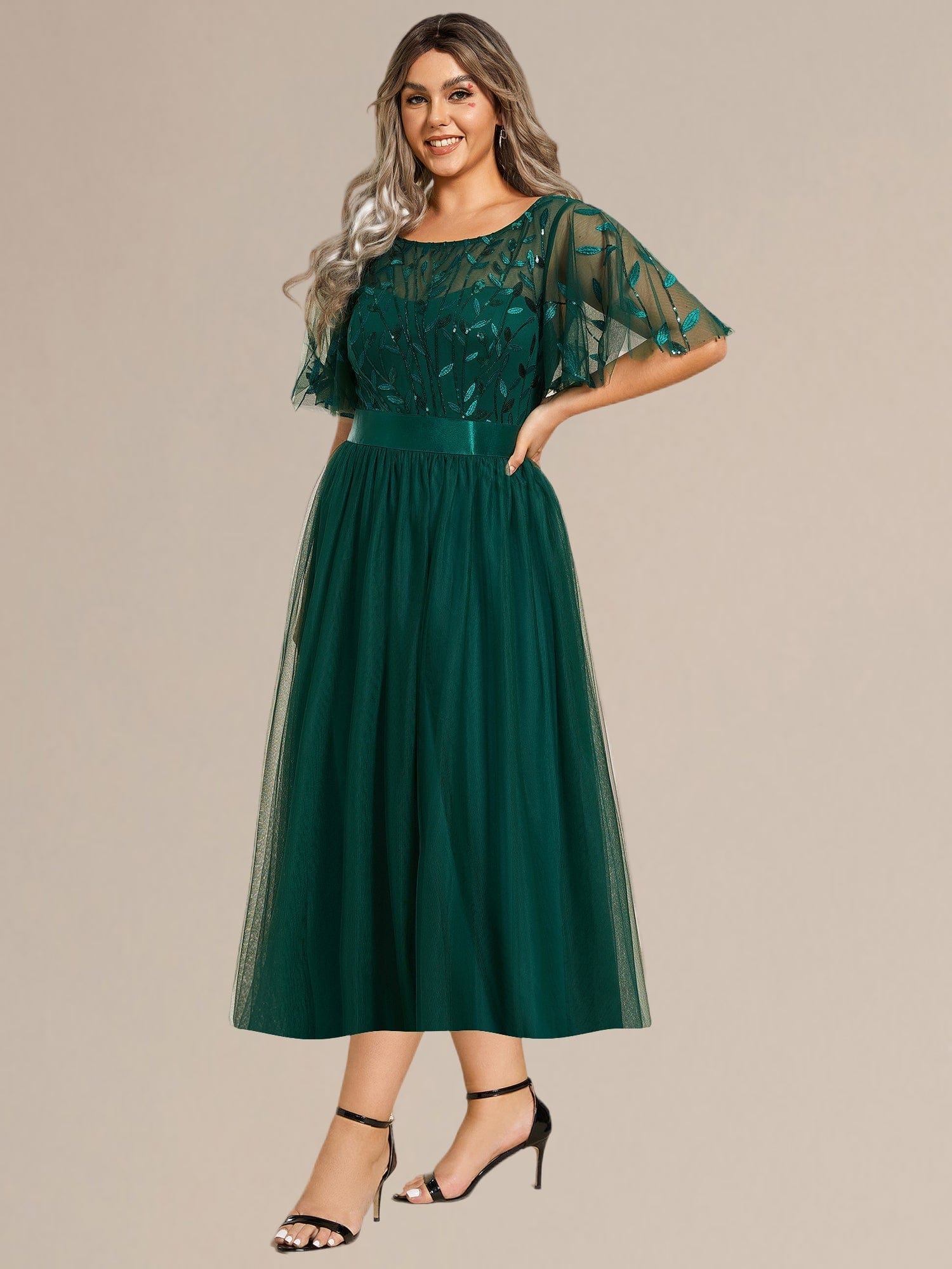 Sequin Leaf Midi Wedding Guest Dress #color_Dark Green