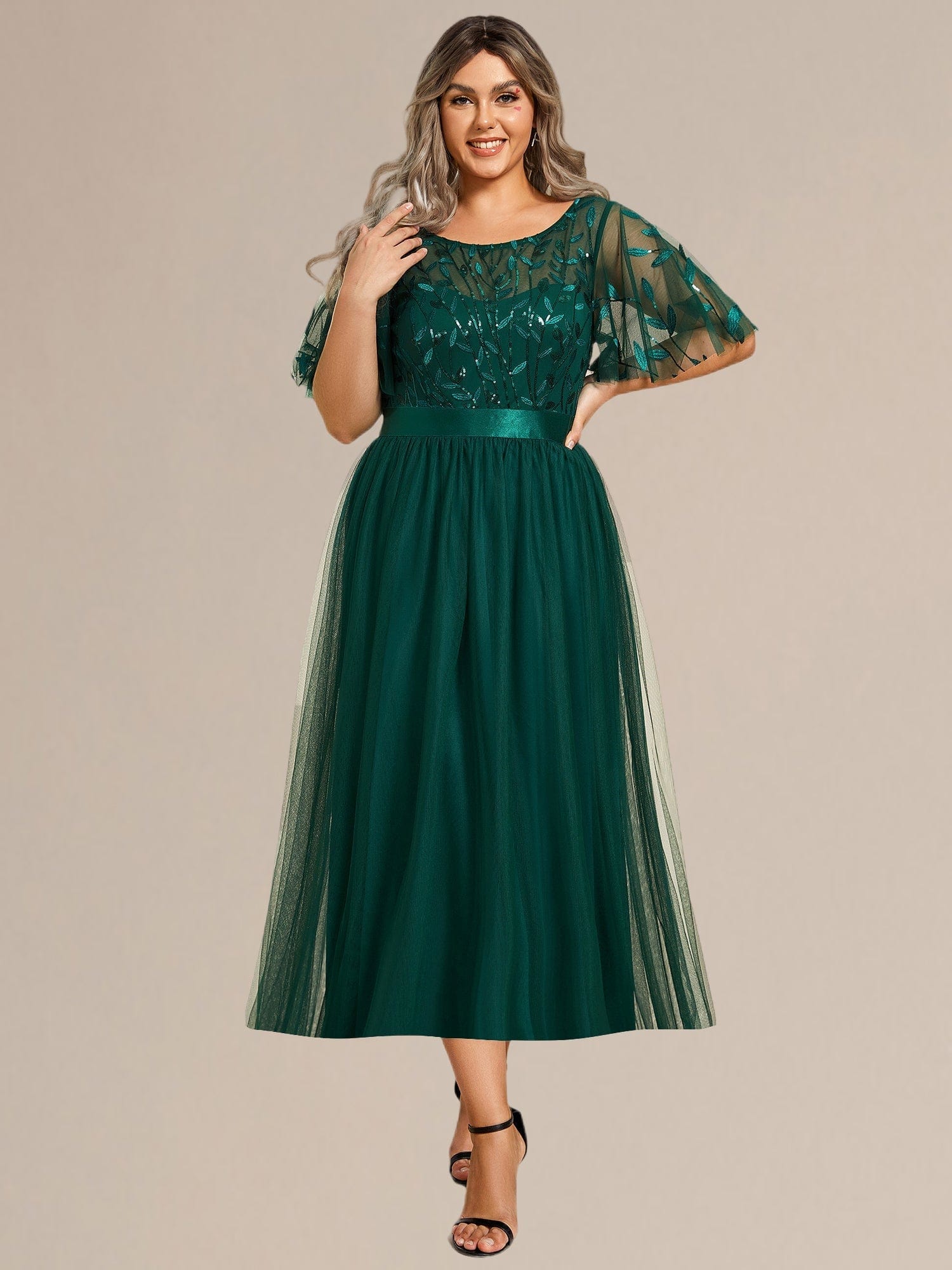 Sequin Leaf Midi Wedding Guest Dress #color_Dark Green