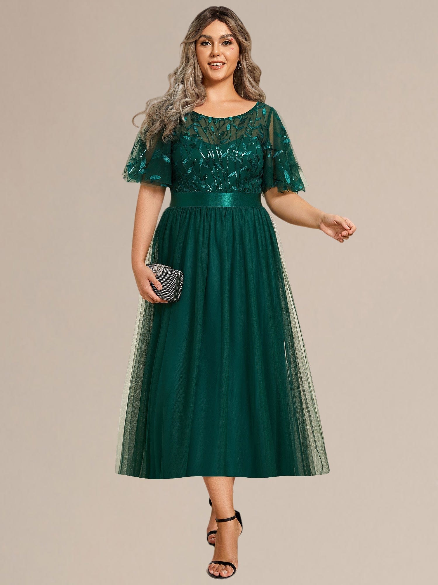 Sequin Leaf Midi Wedding Guest Dress #color_Dark Green