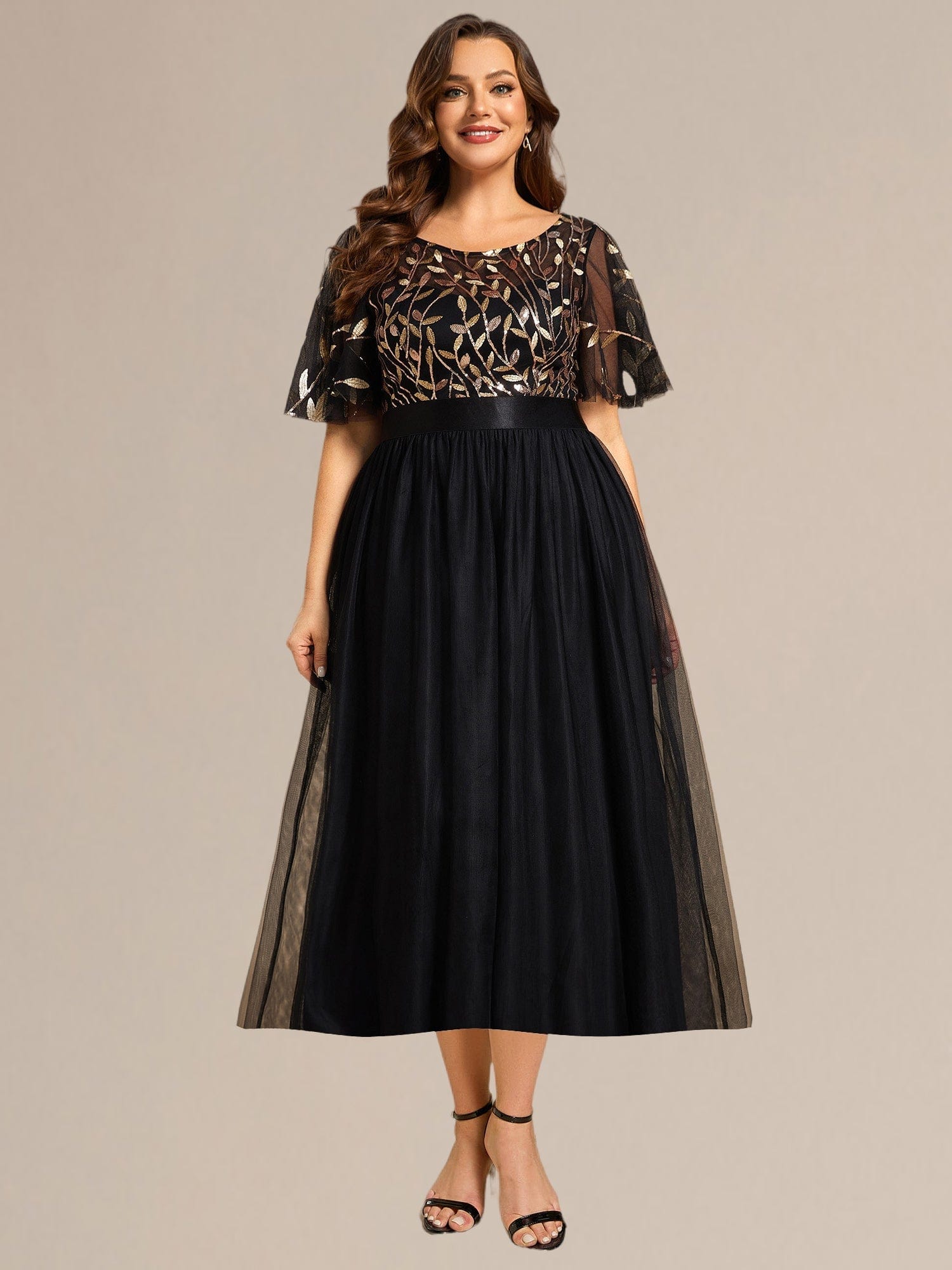 Sequin Leaf Midi Wedding Guest Dress #color_Black & Gold