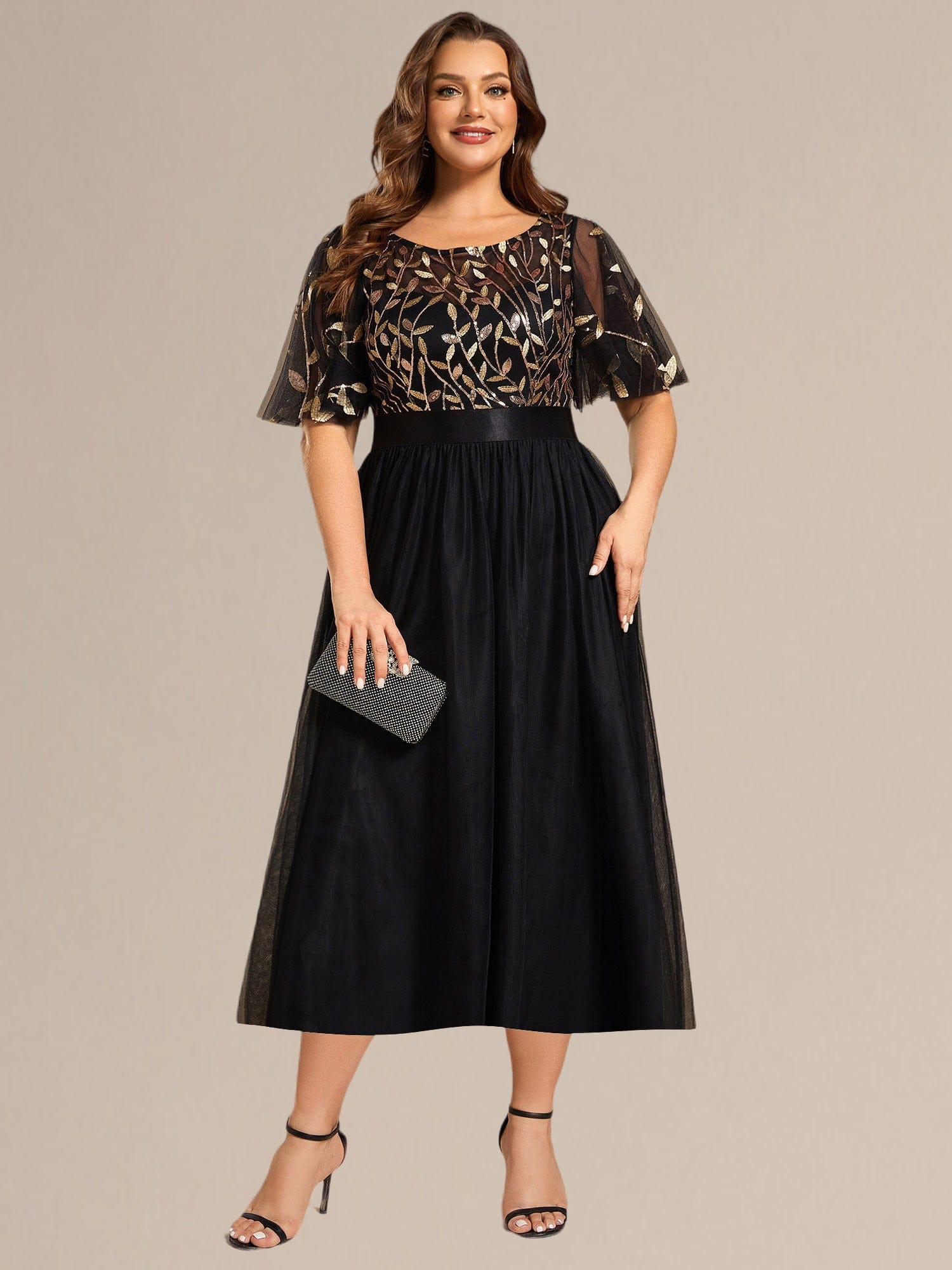 Sequin Leaf Midi Wedding Guest Dress #color_Black & Gold