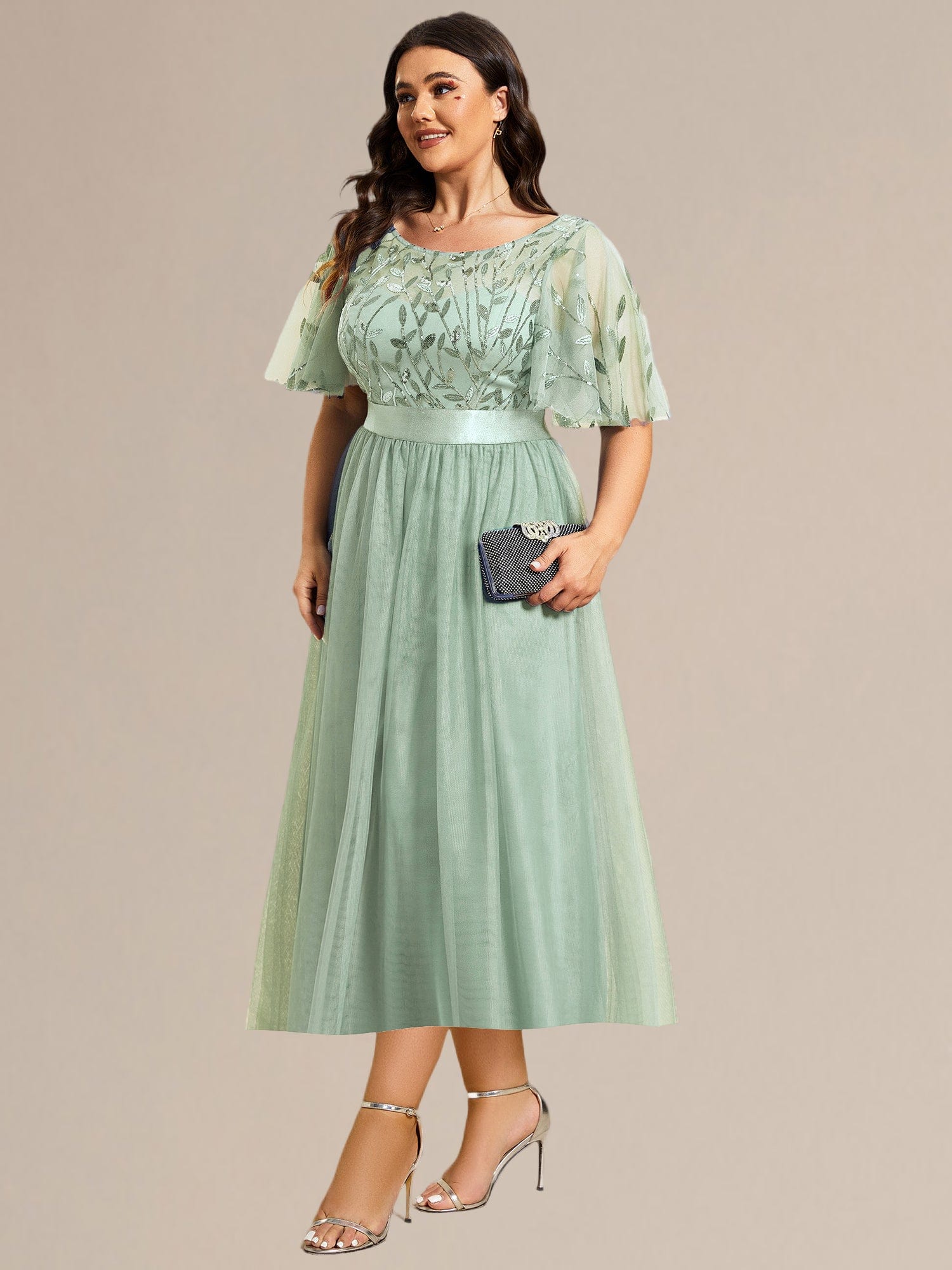 Sequin Leaf Midi Wedding Guest Dress #color_Mint Green