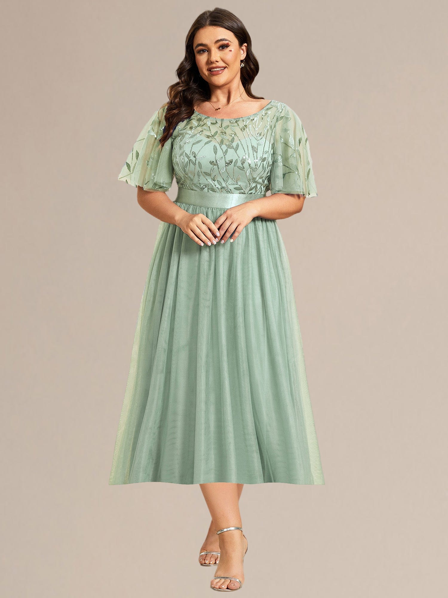 Sequin Leaf Midi Wedding Guest Dress #color_Mint Green